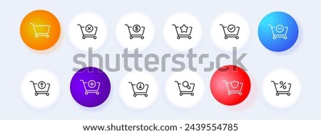 Grocery cart icon set. Online purchase, cross, dollar, star, check mark, plus, shield, percentage. Neomorphism style. Vector line icon for business and advertising