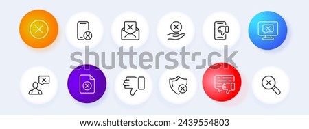Cancel icon set. Cross, smartphone, mail, message, monitor, button, file, shield, thumbs down. Neomorphism style. Vector line icon for business and advertising