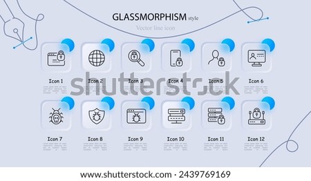 Internet icon set. Bug, website, password, security, smartphone, antivirus, shield, modem, magnifying glass. Glassmorphism style. Vector line icon for business and advertising