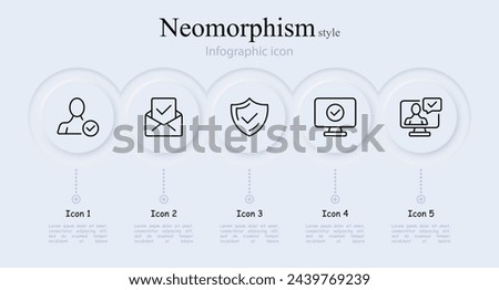 Verification line icon set. Checkmark, shield, confirmed user, monitor, image, video call. Neomorphism style. Vector line icon for Business