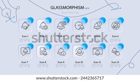 Bell icon set. Pencil, clock, alarm, notification, reminder, file, message, settings. Glassmorphism style. Vector line icon for business and advertising