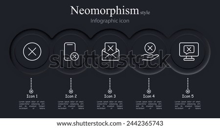 Cancel icon set. Cross, smartphone, mail, message, monitor, hand. Neomorphism style. Vector line icon for business and advertising