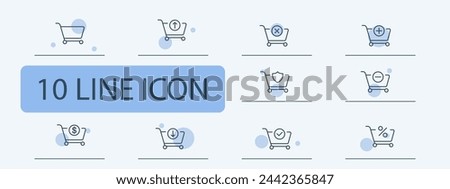 Grocery cart icon set. Search, shopping cart, online shopping, delivery, minus, plus, confirmation. 10 line icon style. Vector line icon for business and advertising