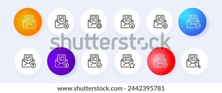 Mail icon set. Information, email, tick, minus, cross, mailbox, corporation. Neomorphism style. Vector line icon for business and advertising