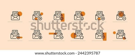 Messages icon set. Mail, text, cross, tick, GPS, delivery, postal, money, dollar. Pastel color background. Vector line icon for business and advertising