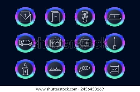 Seth Icon Funeral Home. Bible, cross, religion, Christianity, coffin, funeral, memorial, candle, sermon, hearse, mourners, graves, funeral service, letter, envelope, glassmorphism. Burial concept.