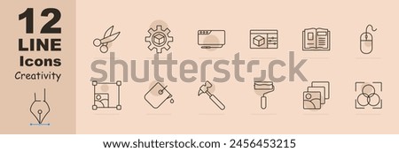 Creativity set icon. Scissors, artist, visual designer, artist, painter, gear, square, paint bucket, fill, hammer, roller, cartooning, book, mouse, photo layers, color correction. Creation concept.