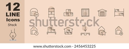 Stock set icon. Reserve, margin, supplies, store, boxes, depot, barrel, entrepot, depository, oil, mail, port, shelves with warehouses, asterisk, plus, storage, port. Stockroom concept.