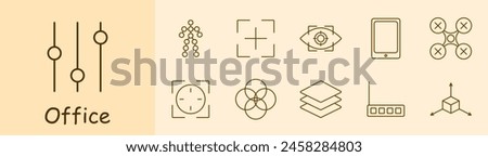 Office set icon. Sliders, settings, human silhouette, scanner, cross, eye, ID, retina scanner, tablet, quadcopter, drone, intersection of circles, layers, router, object. Modern technology concept.