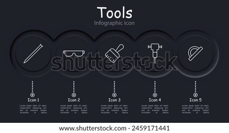 Tools set icon. Nail, self tapping screw, glasses, spark protection, pencil, paint, jackhammer, ruler, infographic, neomorphism. Cargo transportation concept.