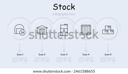 Stock set icon. Reserve, margin, supplies, store, boxes, depot, barrel, oil, mail, port, shelves with warehouses, asterisk, plus, storage, port, infographic, neomorphism. Stockroom concept.