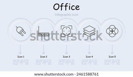 Office set icon. Neomorphism, settings, infographic, scanner, cross, retina scanner, intersection of circles, layers, router, object. Modern technology concept.