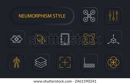 Office set icon. Sliders, setting, human silhouette, scanner, cross, eye, retina scanner, charging, quadcopter, drone, circles intersection, layers, router, neomorphism. Modern technology concept.