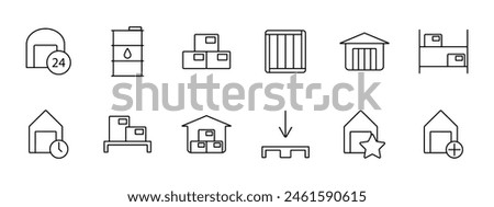Stock set icon. Reserve, margin, supplies, store, boxes, depot, barrel, oil, mail, port, shelves with warehouses, asterisk, plus, storage, port. Stockroom concept.