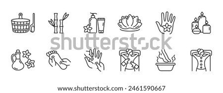 Sauna set icon. Basin with ladle, bamboo, creams and balms, lotus, unity with nature, flower, lighting, candle aroma, feet, foot, arm, back massage, warm water, stone therapy. Relaxation concept.