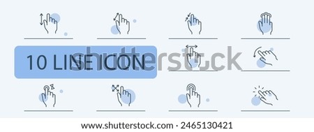 Clicks set icon. Press, double touch, 3D touch, zoom out, zoom in, swipe, shift, rotate, scroll, delay, load, left finger, hand, palm, feed, triple tap. Gestures concept.