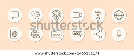 Connection set icon. Chat, phone, call, communication, video camera, antenna, network, globe, Internet, website, WWW, window, link, share icon, microphone. Internet communication concept.