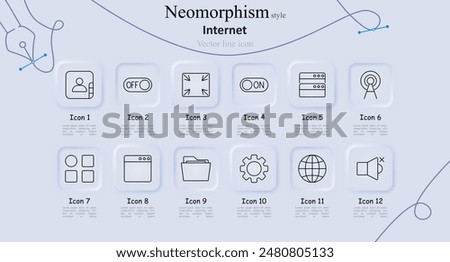 Internet set icon. User profile, toggle off, expand, toggle on, server, signal tower, apps, browser, folder, settings, globe, mute. Web, network, and connectivity concept
