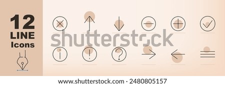 Interface set icon. Cross, up arrow, down arrow, minus, check, plus, info, exclamation, question, right arrow, left arrow, menu. User interface and navigation concept