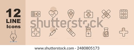 Medical and healthcare set icons including health card, heart monitor, first aid kit, bandage, pills, syringe, and supplement bottle. Vector line icons on a beige background