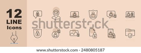 Security and privacy set icon. Shield, lock, user, laptop, mobile phone, document, location pin, secure message. Vector line icon on beige background