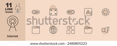 Internet set icon. On switch, fullscreen, off switch, user, settings, browser, globe, grid, folder, mute, connectivity, online, technology, communication, network, web, interface