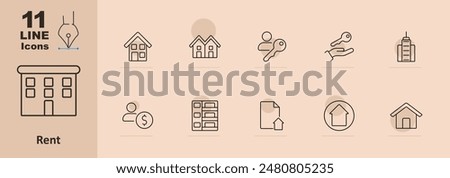 Rent set icon. Apartment, house, person with key, hand with key, skyscraper, money, shelf, contract, property, real estate, rental, leasing, home, tenant, landlord, housing, investment.