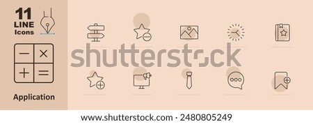 Application set icon. Calculator, plus, minus, multiply, divide, directions, star, gallery, sun, book, tie, megaphone, message, bookmark, interface, tools, mobile app. Vector line icon