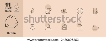 Button set icon. Arrow, circle, play, pause, lock, user, download, upload, refresh, settings, back, forward. Interface and control concept. Vector line icon on beige background