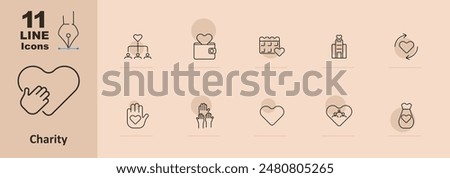 Charity set icon. Heart, hands holding heart, gift, balloon, envelope with heart, group, house, hands exchanging, clipboard. Non-profit and donation concept