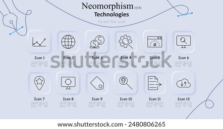 Technologies neomorphism style line icons set. Graph, globe, currency exchange, web page, search, location pin, monitor, tag, document, cloud upload. Modern technology, digital innovation concept