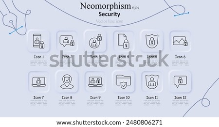 Security line icons set. Locked device, speech bubble with lock, user, document lock, shield, landscape, laptop user, shield with user, video conference lock, file protection, user shield,