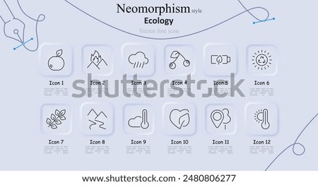 Ecology neomorphism style line icons set. Fruit, wildfire, rain, cherry, eco battery, recycling sun, leaves, mountains, thermometer, heart leaf, tree pin, temperature. Environmental conservation