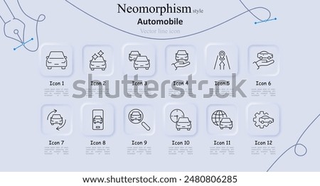 Automobile neomorphism style line icons set. Car, sparkling clean car, multiple cars, location, hand holding car, compass, rotation, search, steering wheel, clock, global, gear. Automotive services