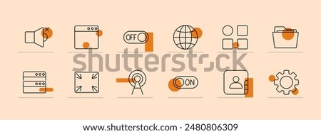 Network and technology line icons set. Antenna, on switch, off switch, globe, gear, interface, server, fullscreen, user, folder. Communication, IT, system concept