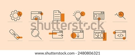 Website icon set. Settings gear, browser window, document, lightbulb, webpage, hyperlink, search, SEO, coding, analytics. Web development, SEO, internet concept.