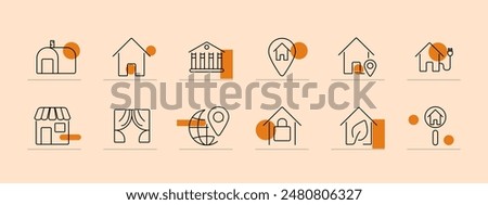 Rent set icon. House, globe, location pin, locked house, bank, store, curtains, eco house, house with plug. Real estate, property rental, leasing, housing market concept