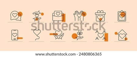 Charity set icon. Heart hands, plant, envelope, donation, gift box, mobile, community, house, clipboard, support, volunteer. Philanthropy, giving, social aid, nonprofit, support, community service