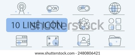 Network and technology line icons set. Antenna, on switch, off switch, globe, gear, interface, server, fullscreen, user, folder. Communication, IT, system concept