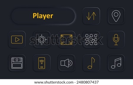 Player set icon. Play button, video, full screen, microphone, volume, music notes, pause, targeting, navigation, arrows. Media player, multimedia, audio and video controls concept.