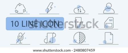 Technology and communication line icons set. Recycling, lightning bolt, cloud storage, user profile, microphone, document, interface, data transfer. Digital, tech services, connectivity concept