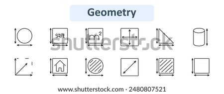 Geometry set icon. Circle, square feet, square meter, dimension arrows, triangle, cylinder, diagonal, house, striped circle, striped square. Geometric shapes, measurement, spatial awareness