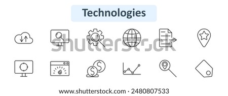 Technologies set icon. Cloud sync, search monitor, gear search, globe, document, location star, target monitor, speed browser, dollar coins, line graph, map pin, tag. Tech, data, internet, analysis