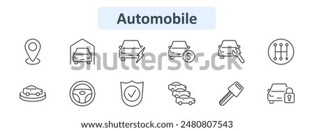 Automobile set icon. Location pin, garage, electric car, money, inspection, gear shift, bumper car, steering wheel, shield check, fleet, key, locked car. Automotive, transport