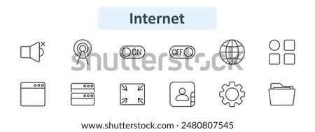 Internet set icon. Mute speaker, antenna, on off switch, globe, grid, browser, server, full screen, user, settings, folder. Web, communication, technology, network, data concept