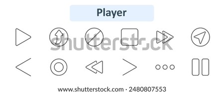 Media player icon set. Play, forward, pause, stop, rewind, next, previous, shuffle, repeat, volume, mute, eject. Audio, video, multimedia concept.