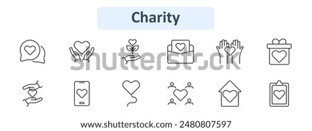 Charity set icon. Heart, hand, plant, envelope, gift, smartphone, community, house, clipboard. Donation, support, volunteering, love, help concept.