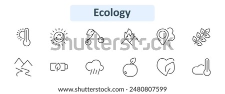 Ecology set icon. Temperature, sun, cherry, mountains, tree, leaf branch, river, battery, rain, fruit, heart leaf, cloud. Nature and environmental concept.