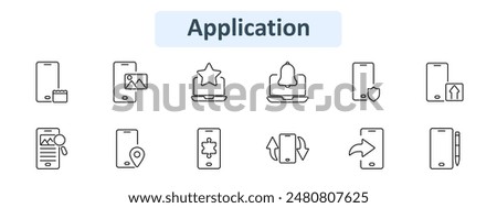 Application set icon. Mobile and desktop functions including calendar, photo gallery, favorites, notifications, security, uploads, search, location, settings, rotation, share. Digital communication