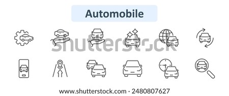 Automobile set icon. Car in garage, electric, dollar, key, steering wheel, repair, gear shift, protection, parking. Vehicles, transportation, automotive services concept.